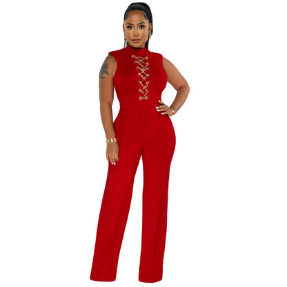 Women Solid Color High Waist Casual Wide Leg Jumpsuit