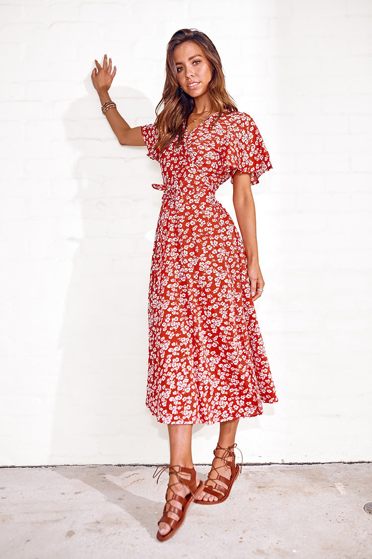 Women Casual Summer Vacation Floral Print Short Sleeve V Neck Dress