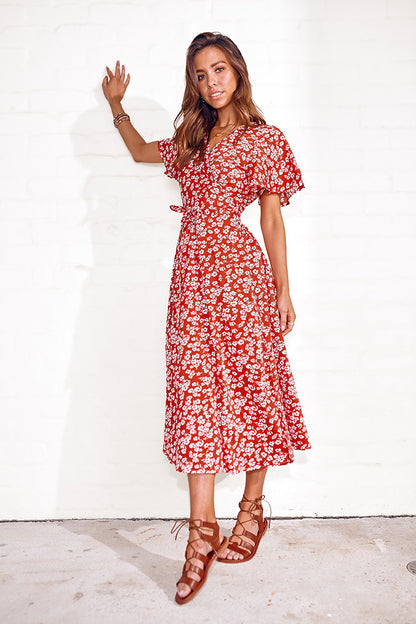 Women Casual Summer Vacation Floral Print Short Sleeve V Neck Dress