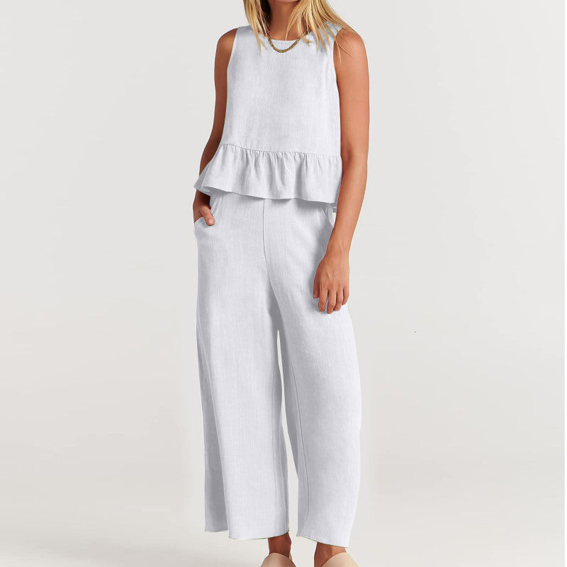 Conjunto de pantalón holgado sin mangas con volantes informales de color liso para mujer