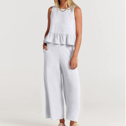 Conjunto de pantalón holgado sin mangas con volantes informales de color liso para mujer