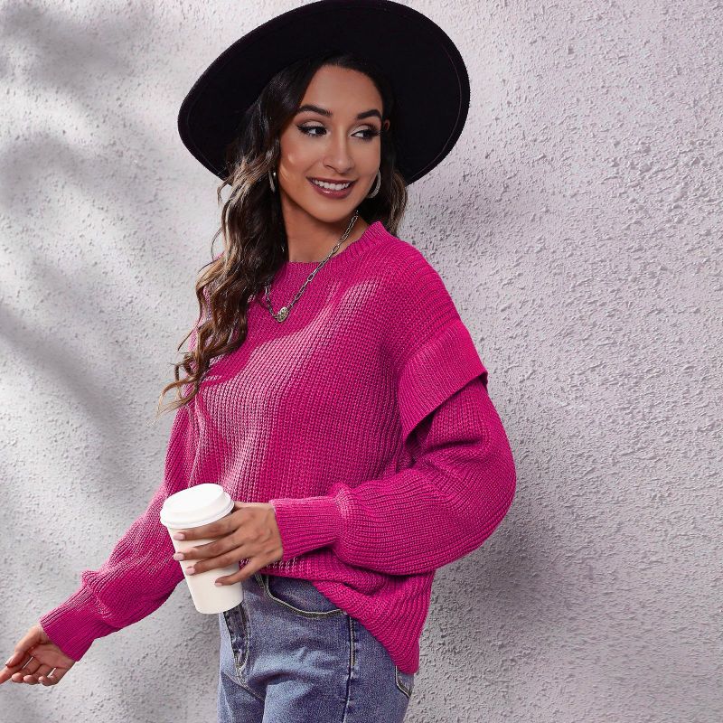 Women Casual Solid Color Round Neck Long-sleeved Loose Knitted Sweater