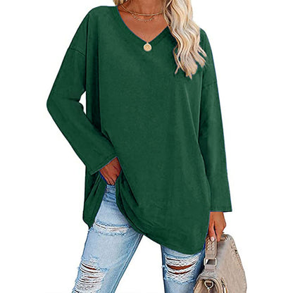 Camiseta informal de manga larga con cuello en V y color liso para mujer