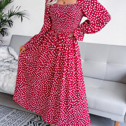 Women Fashion Casual Vacation Beach Dot Print Square Collar Long Sleeve Maxi Dress