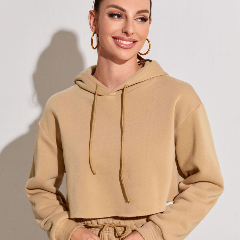 Sudadera corta básica informal de polar de color liso con mangas largas para mujer