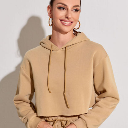 Sudadera corta básica informal de polar de color liso con mangas largas para mujer