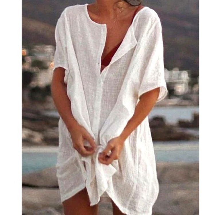 Blusa holgada informal de manga corta para mujer, color liso, para playa y vacaciones
