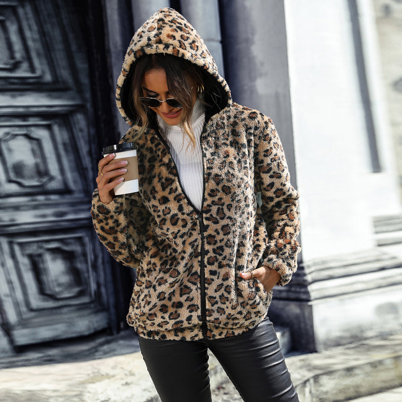 Women Autumn And Winter Hooded Long-Sleeved Leopard Double-Sided Fleece Loose Casual Jacket