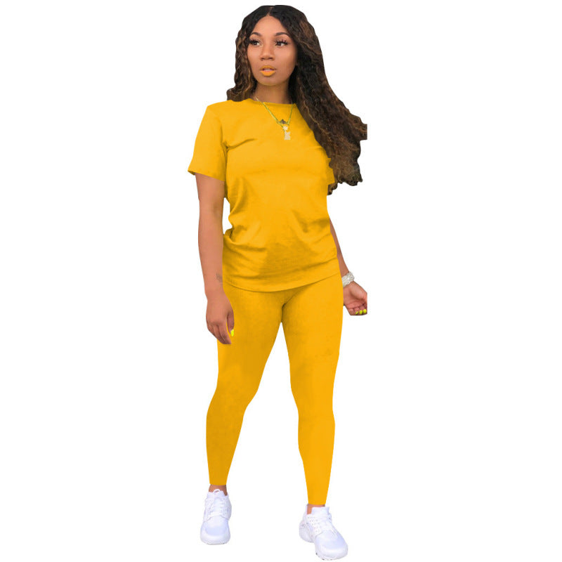 Conjunto de dos piezas de camiseta y pantalón de manga corta para mujer, informal, de color liso