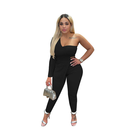 Conjunto informal de dos piezas para mujer, con top y pantalón irregulares, hombros descubiertos y un solo hombro, de color liso
