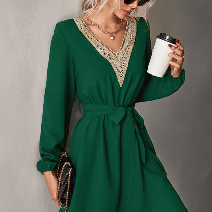 Vestido informal de manga larga con encaje y escote en V para mujer, moda Otoño Invierno