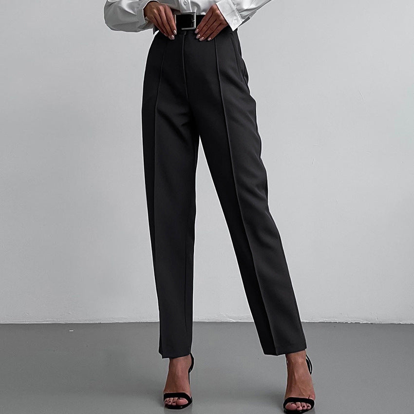 Women Fashion Casual Solid Color High Waist Straight Pants