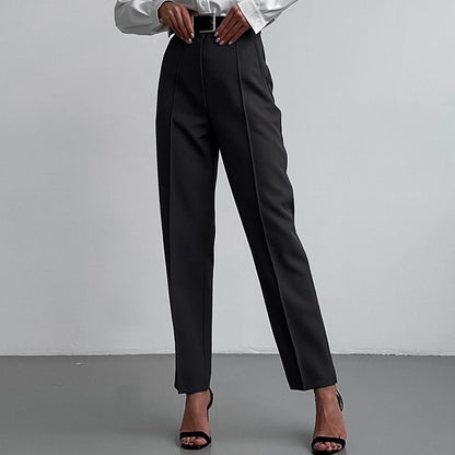Women Fashion Casual Solid Color High Waist Straight Pants