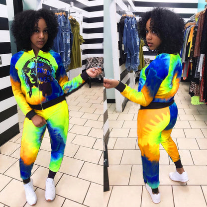 Conjunto de dos piezas informal de moda para mujer, con top y pantalón de manga larga con cremallera y estampado tie-dye