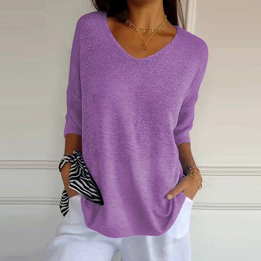 Women Fashion Casual V-Neck Solid Color Knit Sweater