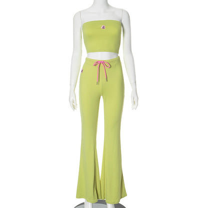 Conjunto de dos piezas con top de tubo sin tirantes y bordado a la moda para mujer, pantalones acampanados informales de cintura alta