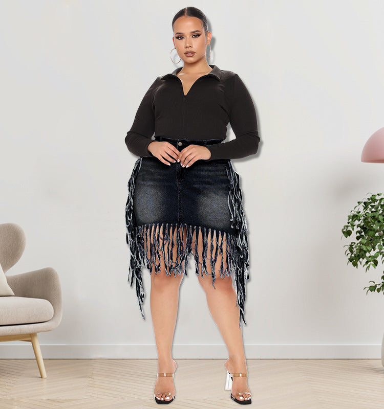 Plus Size Women Casual Solid Color Tassel Denim Skirt