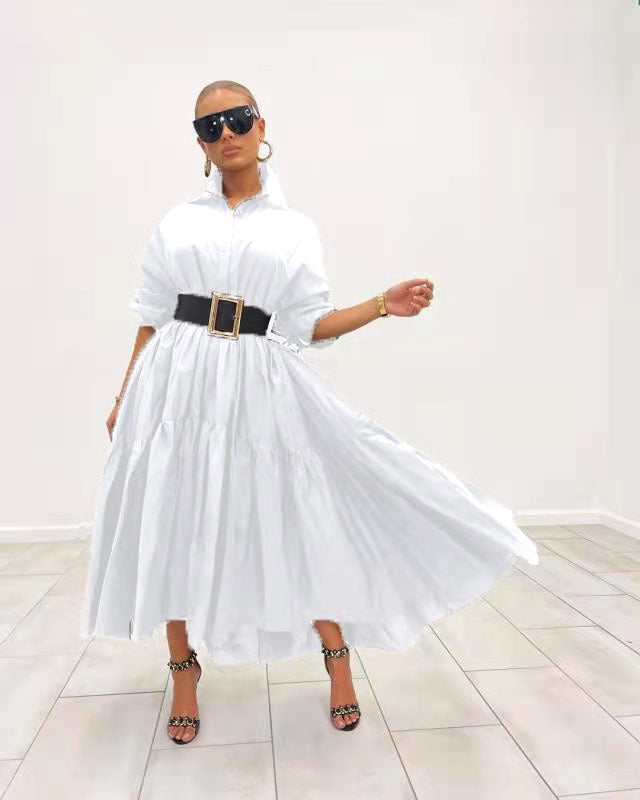 Women Solid Color Casual Loose Lapel Long Sleeve Shirt Maxi Dress