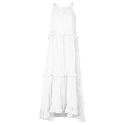 Summer Women Casual Solid Color Sleeveless Ruffled Holiday Tiered Dress