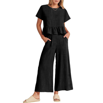 Conjunto de pantalón casual de manga corta con volantes de color liso para mujer