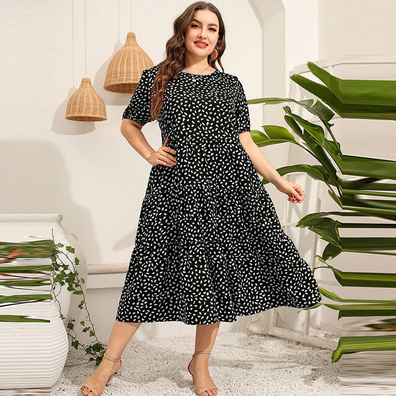 Women Fashion Casual Dot Print Round Neck Loose Plus Size Dress