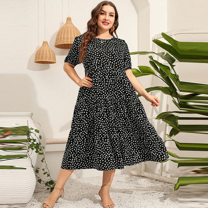 Women Fashion Casual Dot Print Round Neck Loose Plus Size Dress