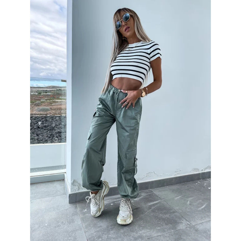Summer Women Casual Multi-Pocket Solid Color Middle-Waisted Straight Jogger Pants