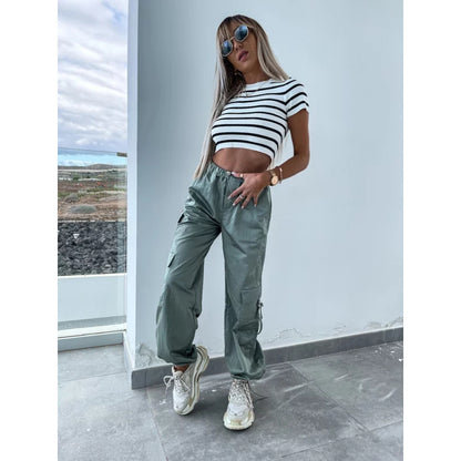 Summer Women Casual Multi-Pocket Solid Color Middle-Waisted Straight Jogger Pants