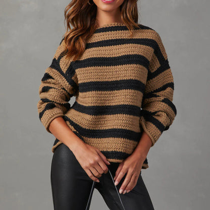 Suéter de punto de manga larga a rayas con cuello barco informal suelto para mujer de otoño e invierno