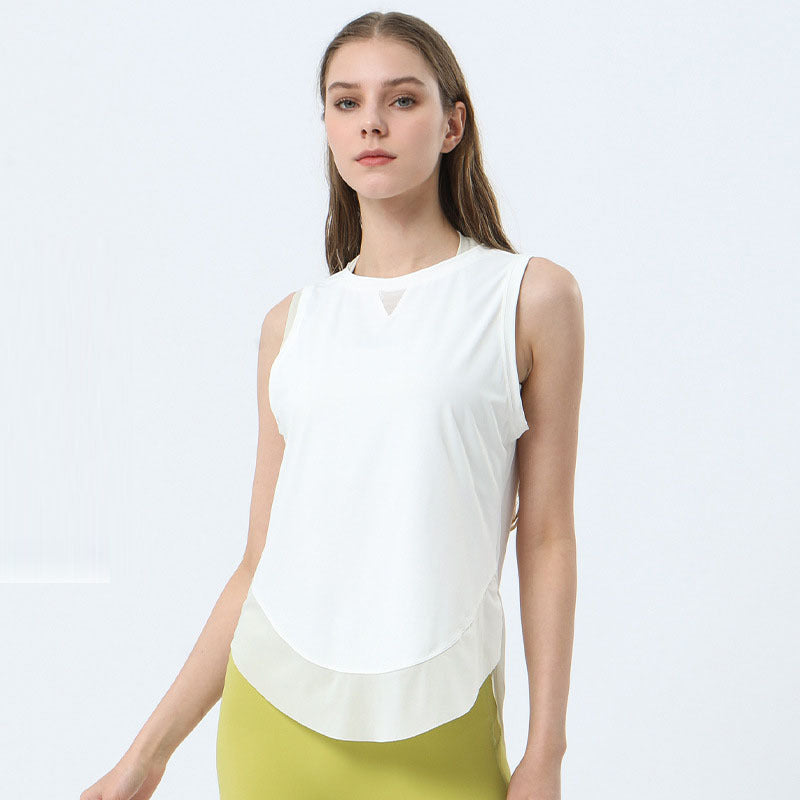 Women Casual Loose Solid Color Round Neck Sleeveless Mesh Spliced Sports Tank Top