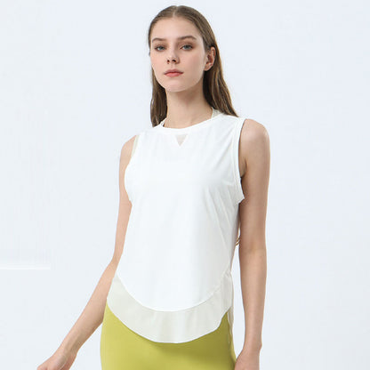 Women Casual Loose Solid Color Round Neck Sleeveless Mesh Spliced Sports Tank Top
