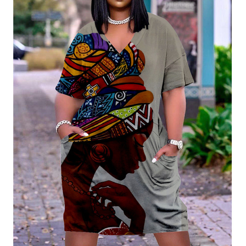 Women Casual Graffiti Printed Vintage 3D Pocket Loose Plus Size Dress
