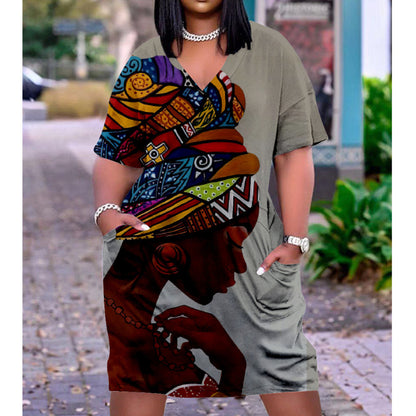 Women Casual Graffiti Printed Vintage 3D Pocket Loose Plus Size Dress