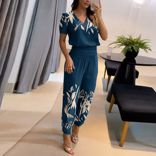 Conjunto de dos piezas de blusa y pantalón de manga corta con cuello en V y estampado de bloques de color para mujer