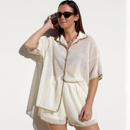 Conjunto de dos piezas de top y pantalones cortos de manga larga con solapa y perspectiva informal para mujer