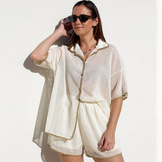Conjunto de dos piezas de top y pantalones cortos de manga larga con solapa y perspectiva informal para mujer