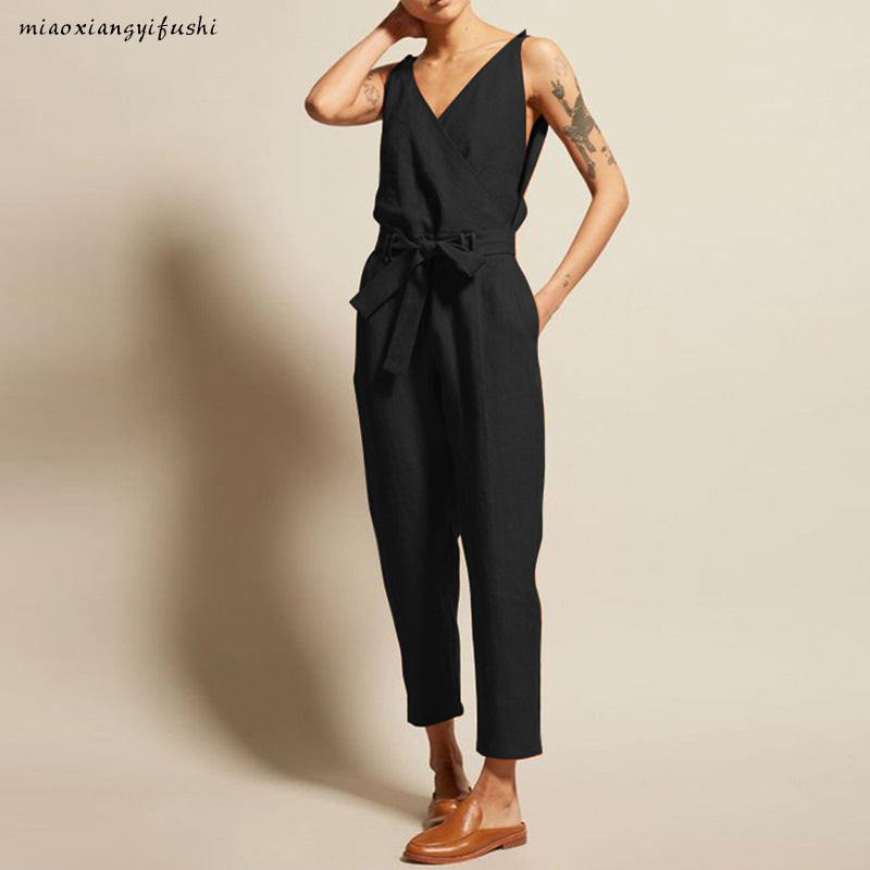 Women Solid Color V-Neck Tank Top Sash Waist Casual Loose Jumpsuits
