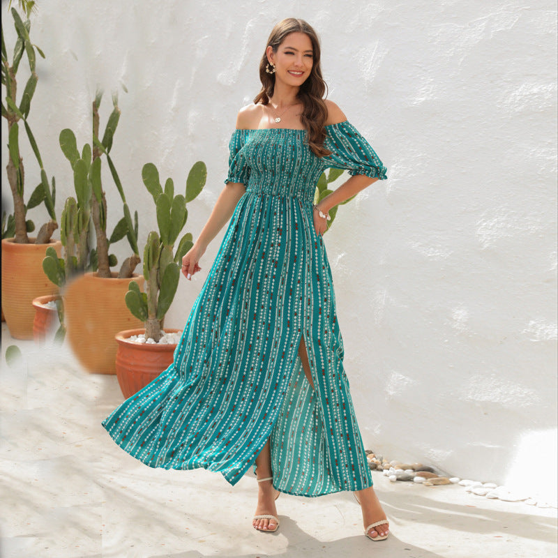 Women Summer Fashion Simple Stripe Printed Slit Waist One-Shoulder Short-Sleeved Casual Dress