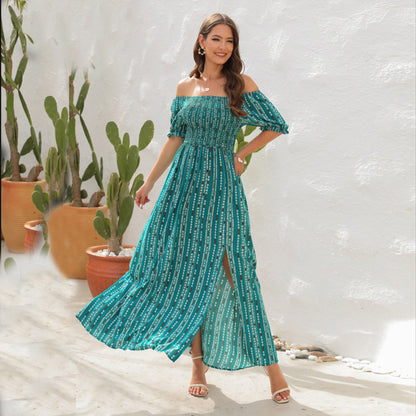 Women Summer Fashion Simple Stripe Printed Slit Waist One-Shoulder Short-Sleeved Casual Dress