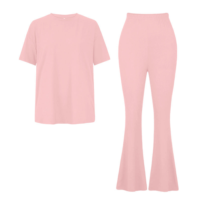 Conjunto de dos piezas de camiseta holgada informal de color liso para mujer, pantalones de pierna ancha