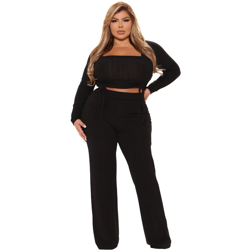 Plus Size Women Solid Color Drawstring Square Collar Two-Piece Casual Suit