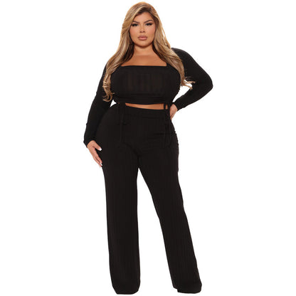Plus Size Women Solid Color Drawstring Square Collar Two-Piece Casual Suit