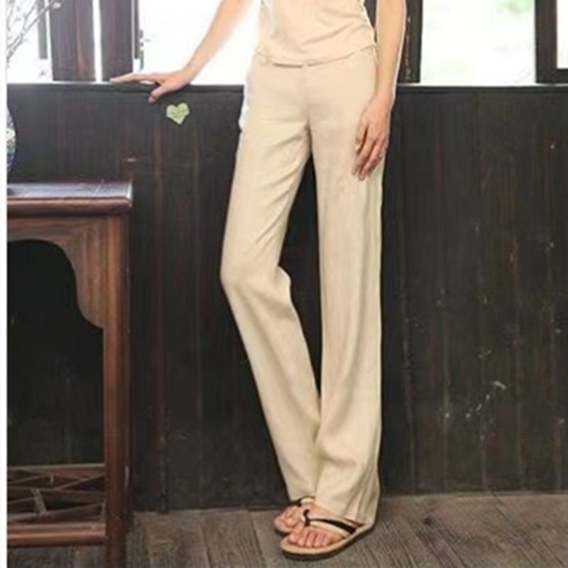 Women Fashion Casual Solid Color Cotton Linen Straight-Leg Pants