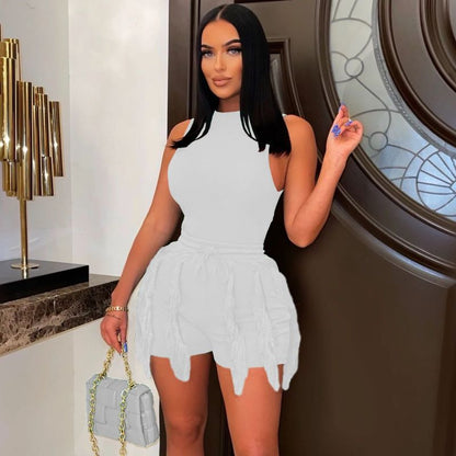 Conjunto de dos piezas de camiseta sin mangas informal para mujer, pantalones cortos con borlas y cordón ajustable, color liso