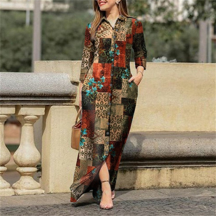 Women Casual Floral Print Long Sleeve Buttoned Loose Maxi Dress