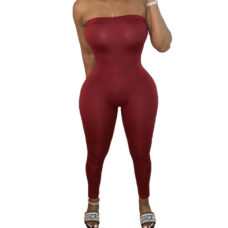Women Casual Wrap Chest Tight Solid Color Jumpsuit