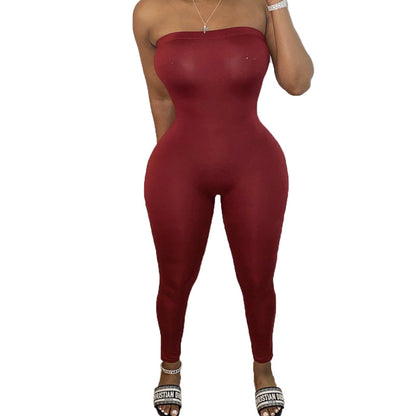 Women Casual Wrap Chest Tight Solid Color Jumpsuit