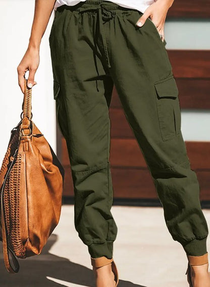 Pantalones cargo con bolsillos casuales de moda de color sólido para mujer