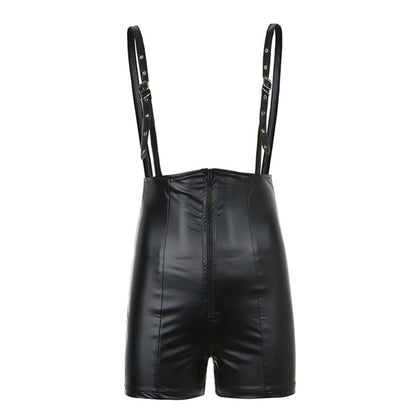 Women Leather Casual Waist Hip Raise Pu Leather Bibs Shorts