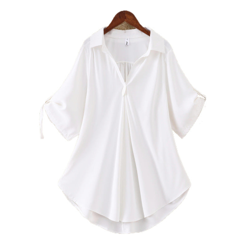 Women Fashion Casual Solid Color Mid-Length Short-Sleeved Chiffon Shirt Blouse